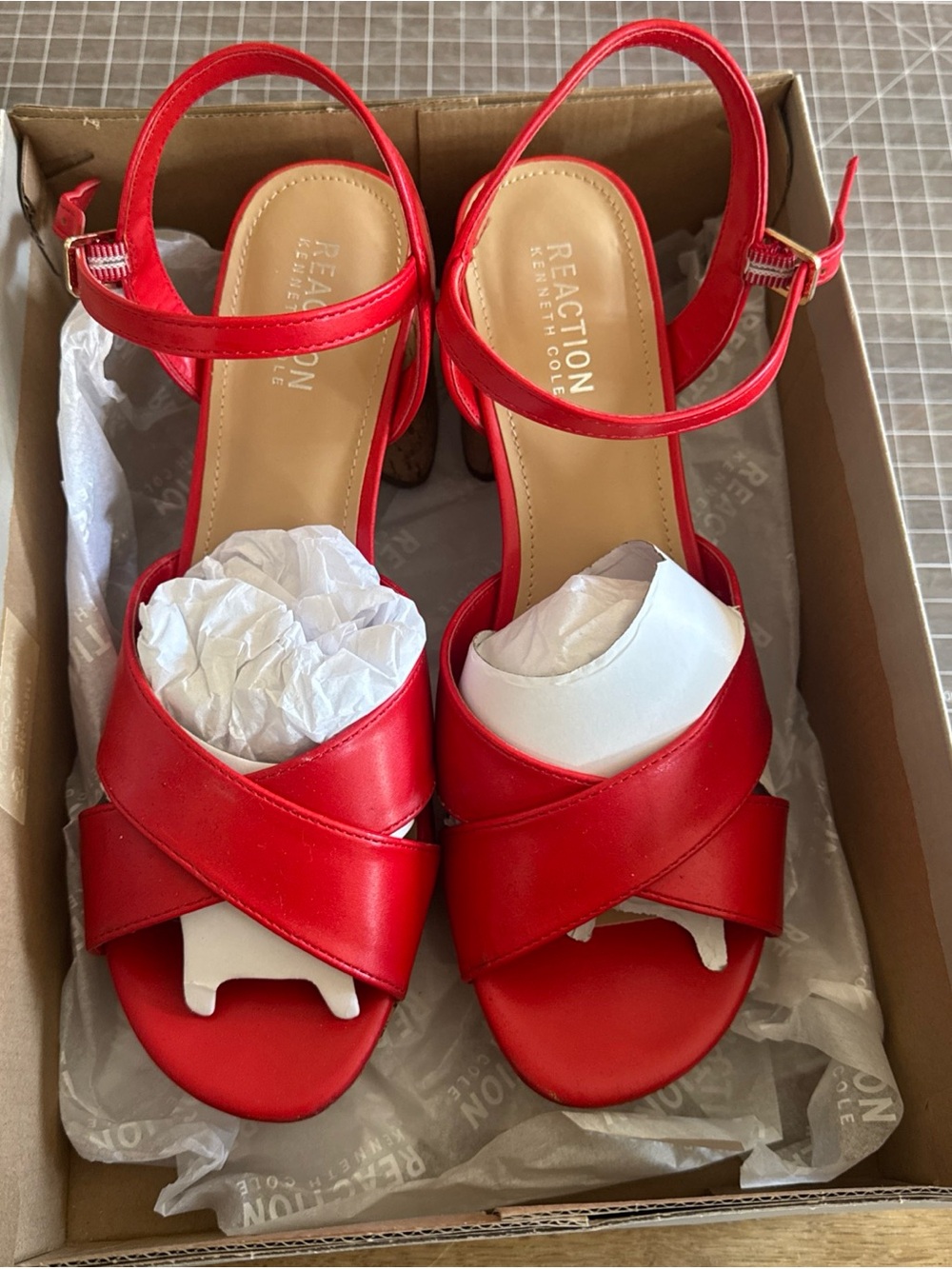 Kenneth Cole Reaction Bright Red Crisscross Ankle-Strap Sandals.